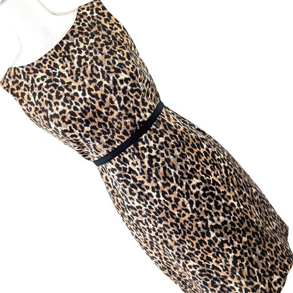ANN TAYLOR LOFT PETITES! BLACK/BROWN GROSGRAIN RIBBON WAIST LEOPARD DRESS! SZ 2P - Picture 1 of 9